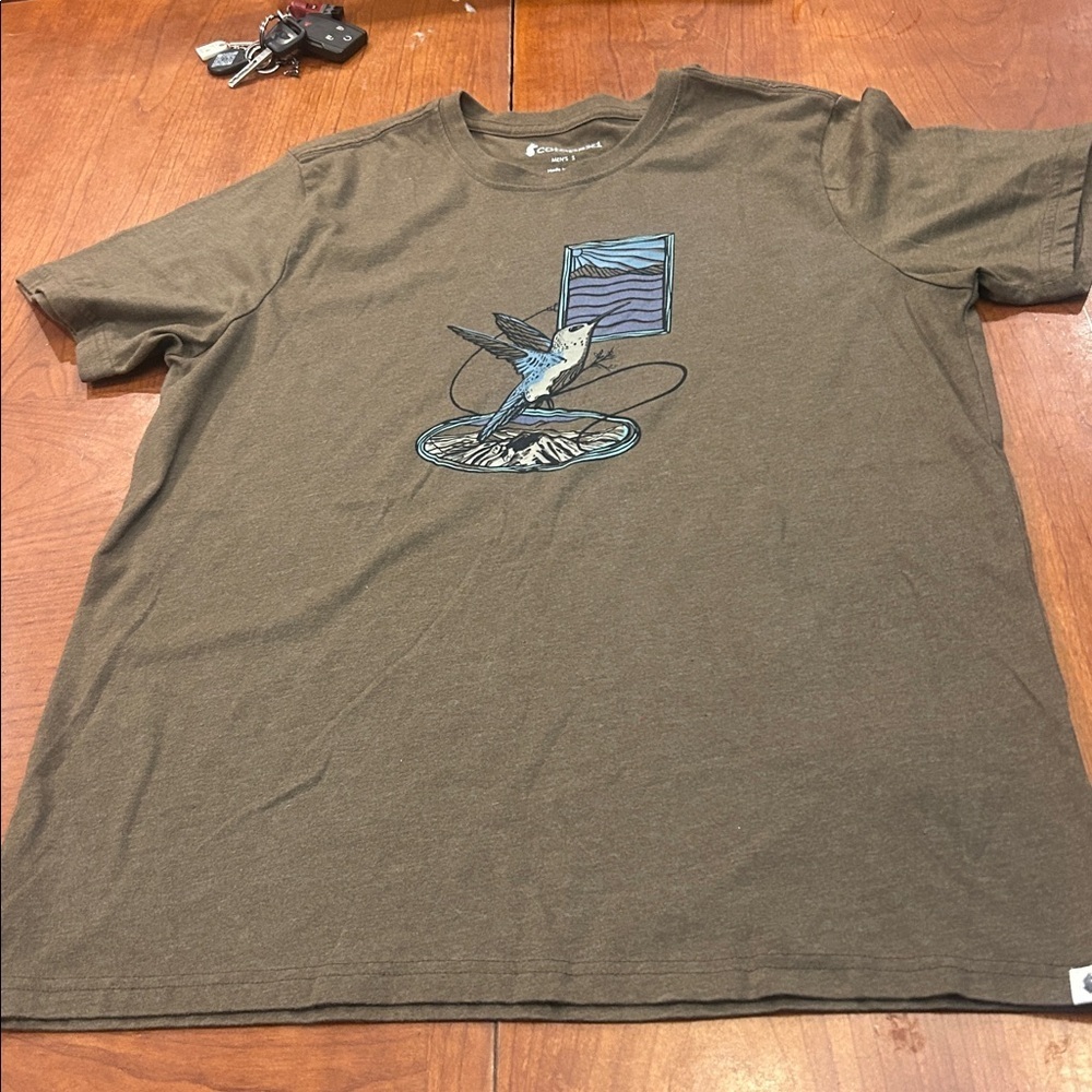 Cotopaxi Men's L T-Shirt Hummingbird Graphic Brown Short Sleeve Made in India